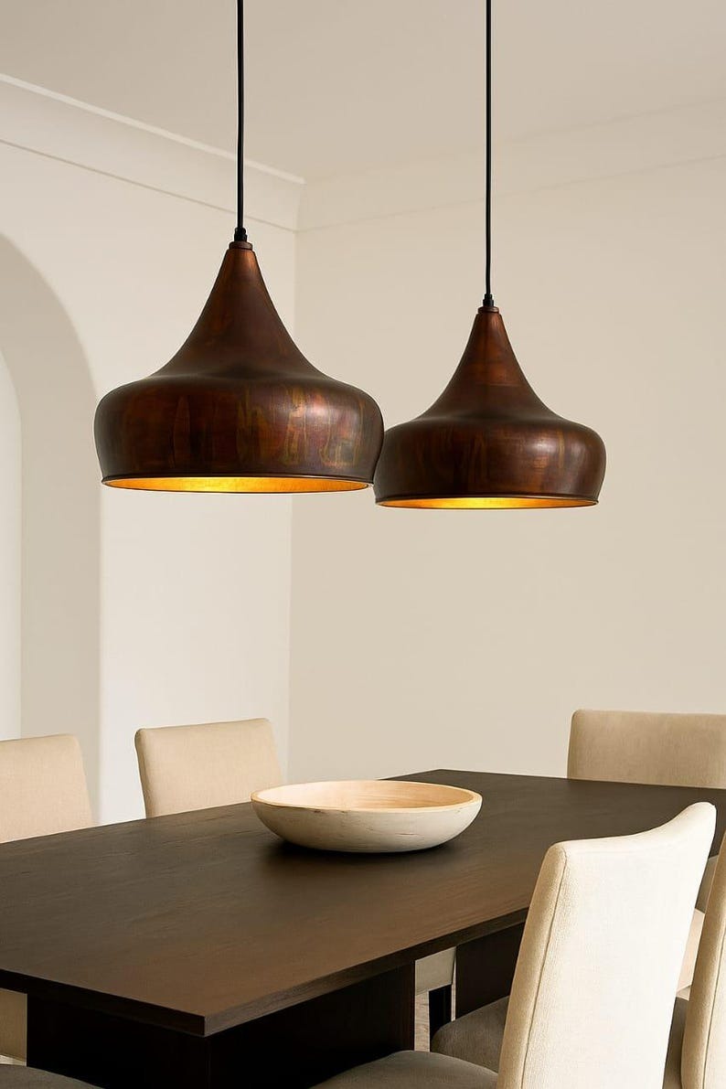 Antique Brass Bell Pendant Light – Handcrafted Moroccan Kitchen Island Chandelier with Warm Aged Finish