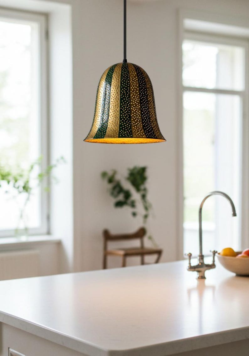 Pierced Brass Bell Pendant Light – Green & Gold Striped Moroccan Kitchen Island Chandelier