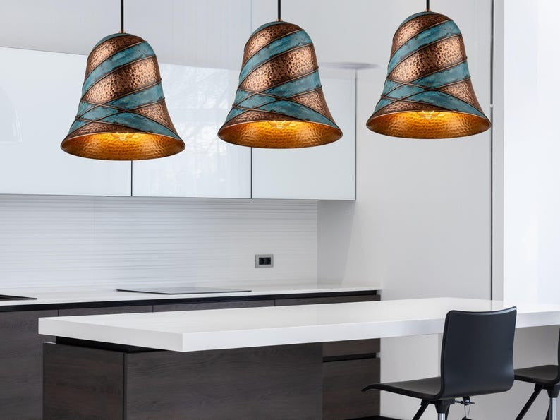 Handmade Moroccan Brass Bell Pendant Light – Hammered Copper and Turquoise Verdigris Hanging Lamp with Sculptural Spiral Bands and Warm Gold Interior for Dining Room & Kitchen Island