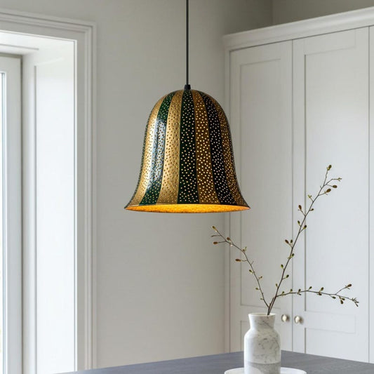 Pierced Brass Bell Pendant Light – Green & Gold Striped Moroccan Kitchen Island Chandelier