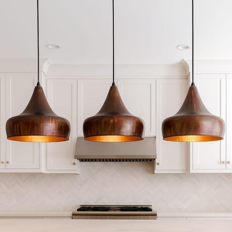 Antique Brass Bell Pendant Light – Handcrafted Moroccan Kitchen Island Chandelier with Warm Aged Finish