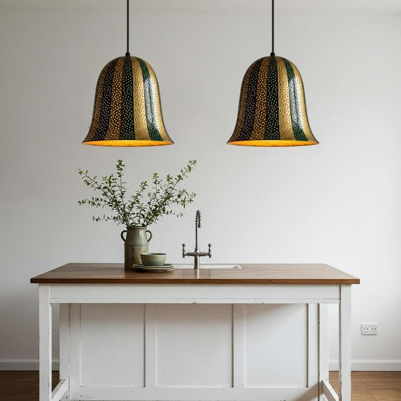 Pierced Brass Bell Pendant Light – Green & Gold Striped Moroccan Kitchen Island Chandelier