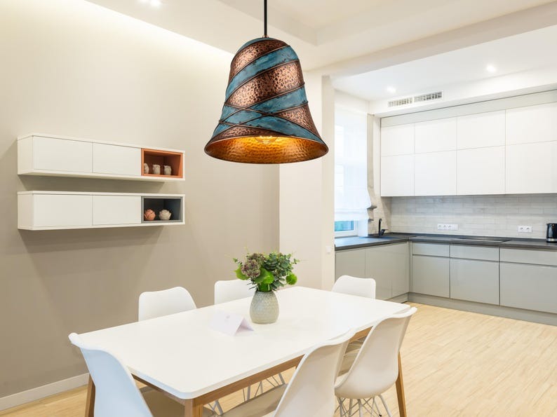 Handmade Moroccan Brass Bell Pendant Light – Hammered Copper and Turquoise Verdigris Hanging Lamp with Sculptural Spiral Bands and Warm Gold Interior for Dining Room & Kitchen Island
