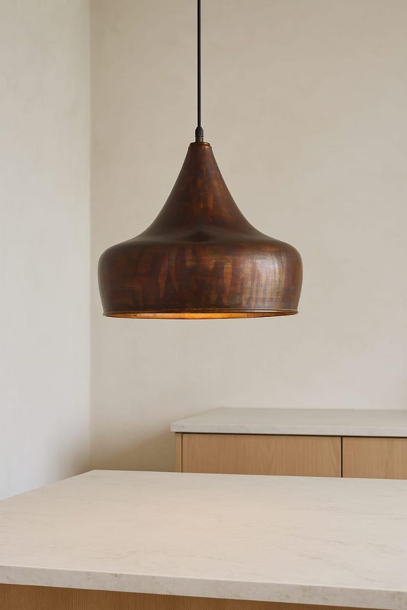 Antique Brass Bell Pendant Light – Handcrafted Moroccan Kitchen Island Chandelier with Warm Aged Finish