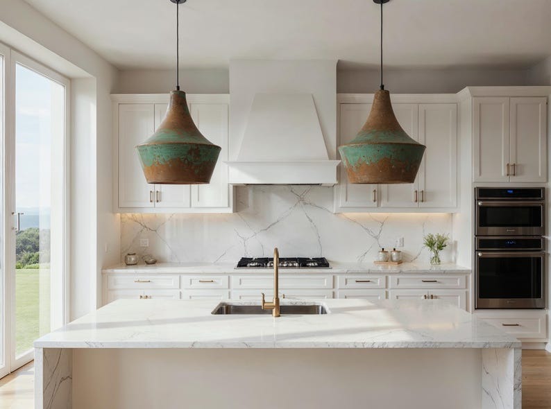 Verdigris Brass Bell Pendant Light – Antique Copper Moroccan Kitchen Island & Dining Chandelier
