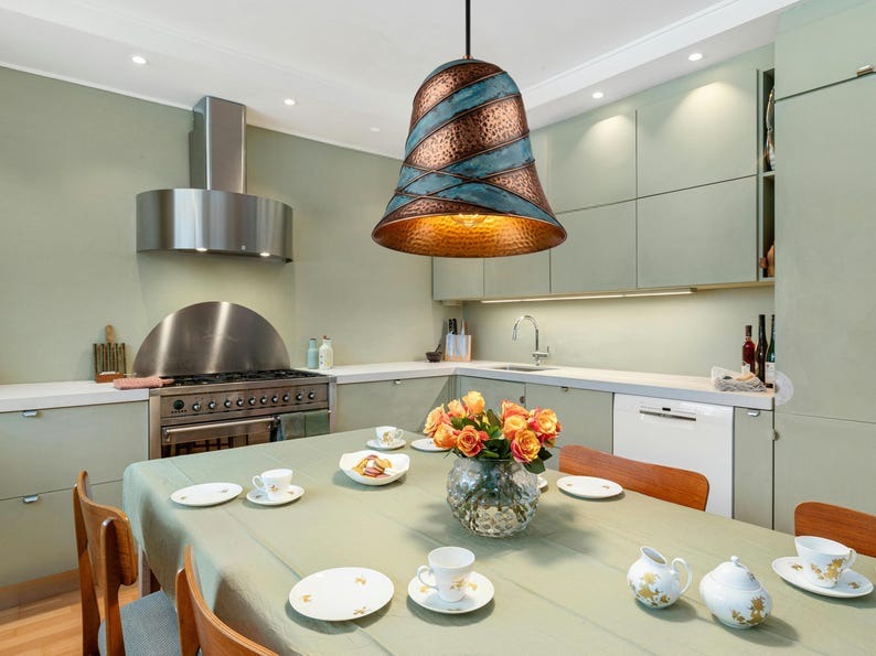 Handmade Moroccan Brass Bell Pendant Light – Hammered Copper and Turquoise Verdigris Hanging Lamp with Sculptural Spiral Bands and Warm Gold Interior for Dining Room & Kitchen Island