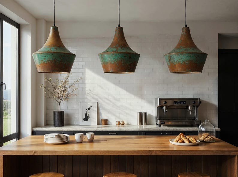 Verdigris Brass Bell Pendant Light – Antique Copper Moroccan Kitchen Island & Dining Chandelier