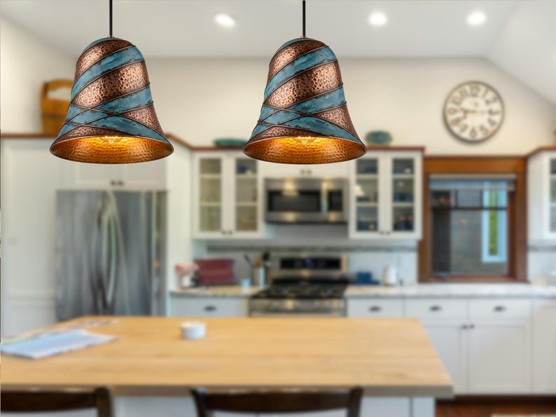 Handmade Moroccan Brass Bell Pendant Light – Hammered Copper and Turquoise Verdigris Hanging Lamp with Sculptural Spiral Bands and Warm Gold Interior for Dining Room & Kitchen Island