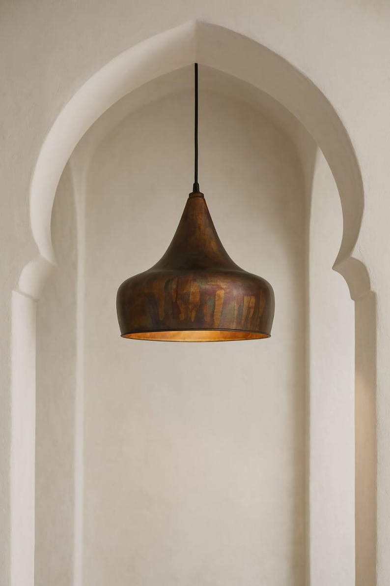 Antique Brass Bell Pendant Light – Handcrafted Moroccan Kitchen Island Chandelier with Warm Aged Finish