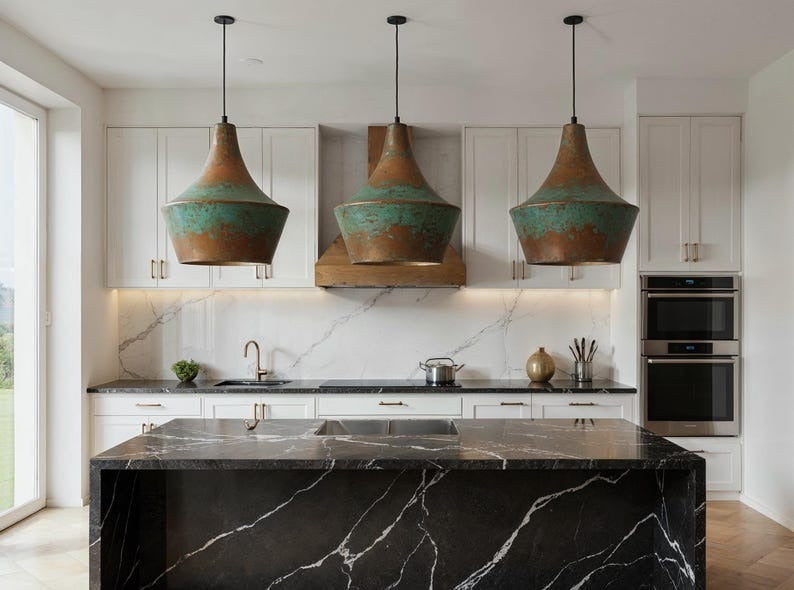 Verdigris Brass Bell Pendant Light – Antique Copper Moroccan Kitchen Island & Dining Chandelier