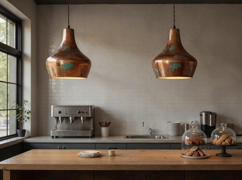 Aged Copper Bell Pendant Light, Handmade Moroccan Green Patina Hanging Lamp, Rustic Verdigris Copper Kitchen Island Chandelier, Boho Farmhouse Ceiling Light Fixture