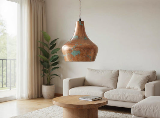 Aged Copper Bell Pendant Light, Handmade Moroccan Green Patina Hanging Lamp, Rustic Verdigris Copper Kitchen Island Chandelier, Boho Farmhouse Ceiling Light Fixture