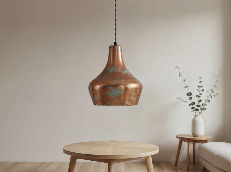 Aged Copper Bell Pendant Light, Handmade Moroccan Green Patina Hanging Lamp, Rustic Verdigris Copper Kitchen Island Chandelier, Boho Farmhouse Ceiling Light Fixture