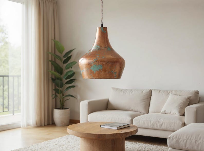 Aged Copper Bell Pendant Light, Handmade Moroccan Green Patina Hanging Lamp, Rustic Verdigris Copper Kitchen Island Chandelier, Boho Farmhouse Ceiling Light Fixture