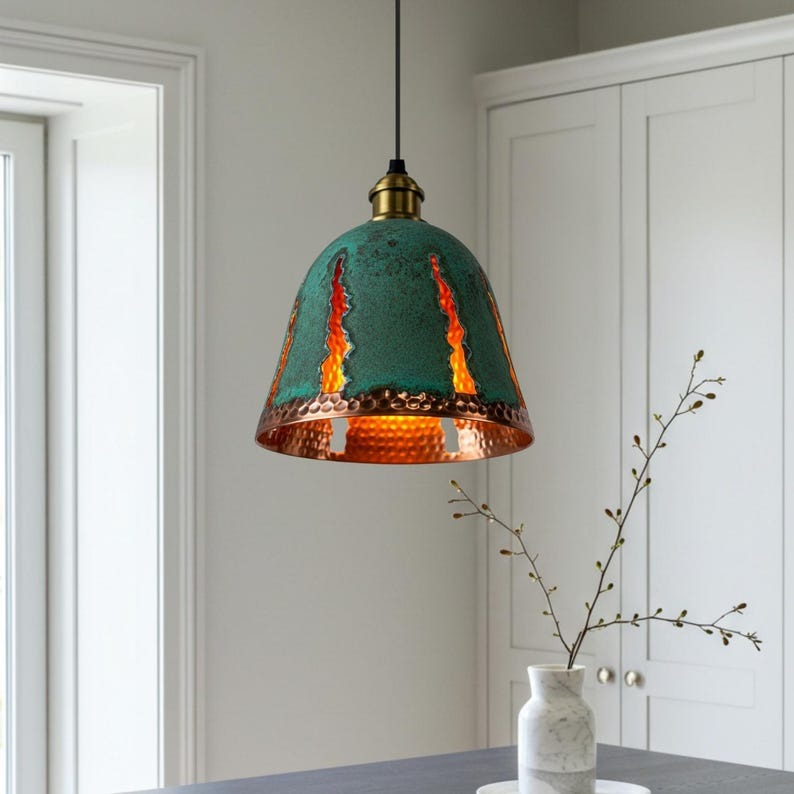 Verdigris Brass Pendant Light – Hammered Copper Bell Shade with Cutout Flame Design