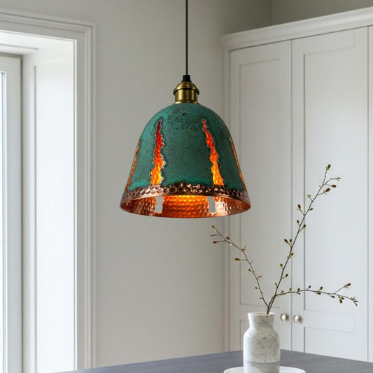 Verdigris Brass Pendant Light – Hammered Copper Bell Shade with Cutout Flame Design