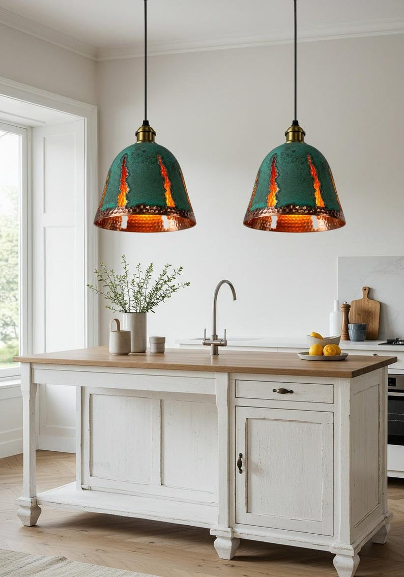 Verdigris Brass Pendant Light – Hammered Copper Bell Shade with Cutout Flame Design