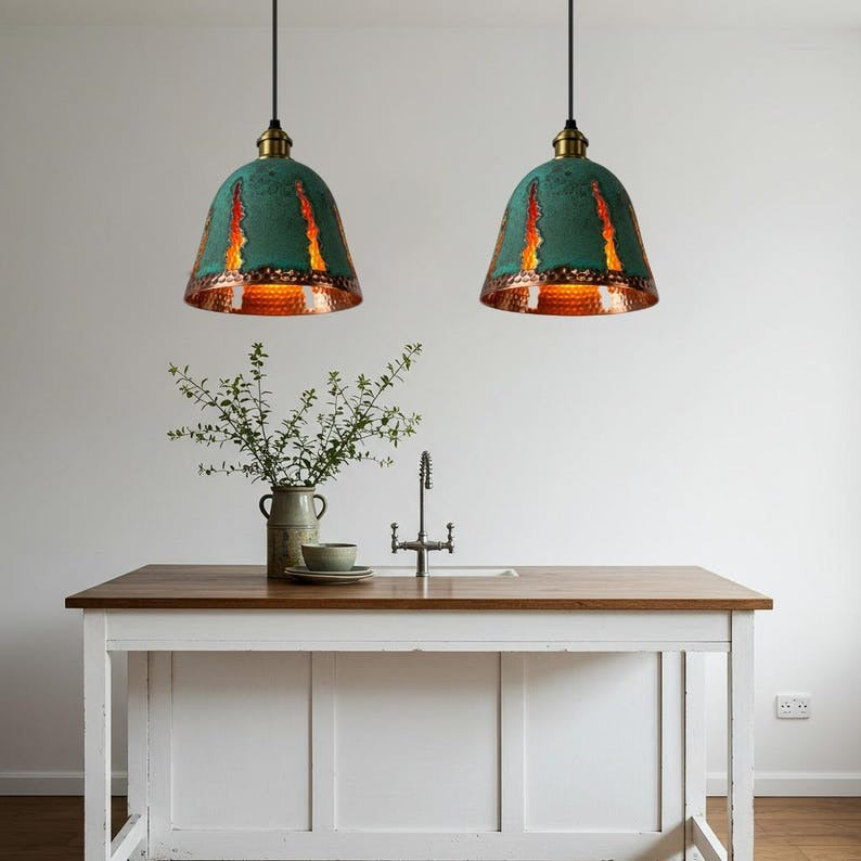 Verdigris Brass Pendant Light – Hammered Copper Bell Shade with Cutout Flame Design