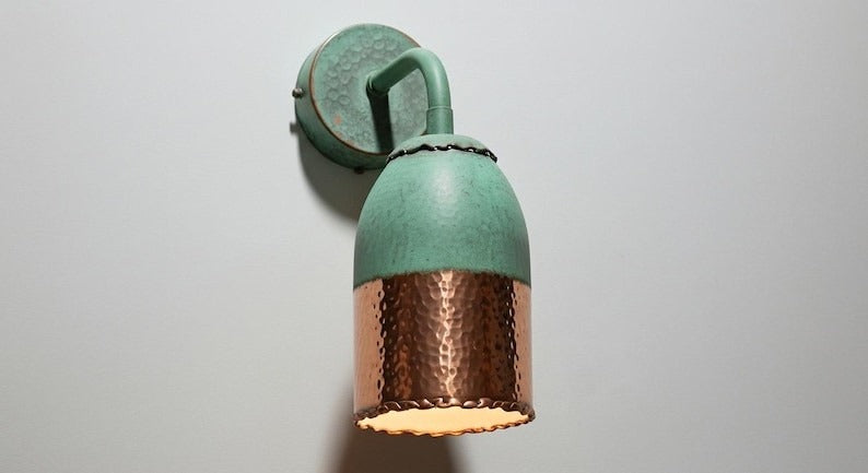 Handmade Moroccan Brass Wall Sconce – Green Verdigris Patina Bell Wall Light with Hammered Copper Brass Shade, Vintage Gooseneck Lamp for Bedroom, Hallway, Bathroom & Entryway