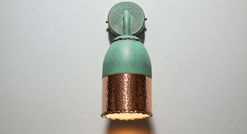 Handmade Moroccan Brass Wall Sconce – Green Verdigris Patina Bell Wall Light with Hammered Copper Brass Shade, Vintage Gooseneck Lamp for Bedroom, Hallway, Bathroom & Entryway
