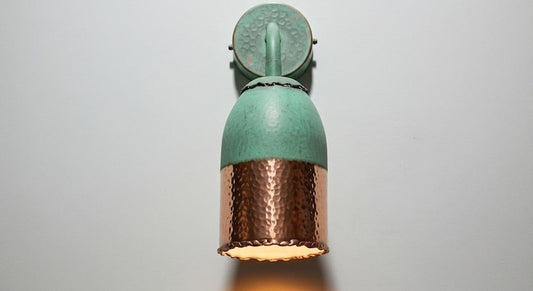 Handmade Moroccan Brass Wall Sconce – Green Verdigris Patina Bell Wall Light with Hammered Copper Brass Shade, Vintage Gooseneck Lamp for Bedroom, Hallway, Bathroom & Entryway