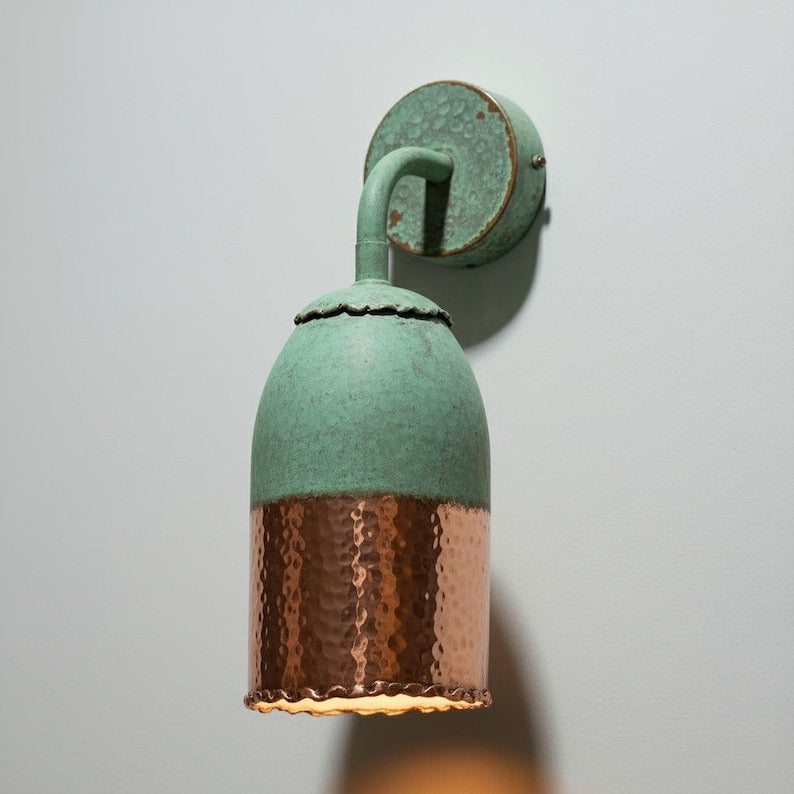 Handmade Moroccan Brass Wall Sconce – Green Verdigris Patina Bell Wall Light with Hammered Copper Brass Shade, Vintage Gooseneck Lamp for Bedroom, Hallway, Bathroom & Entryway