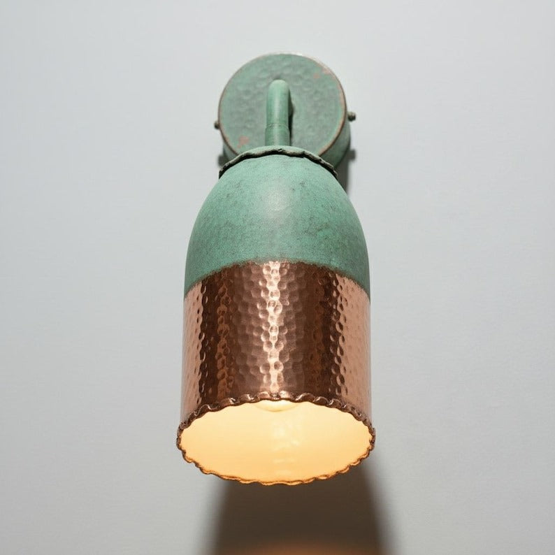 Handmade Moroccan Brass Wall Sconce – Green Verdigris Patina Bell Wall Light with Hammered Copper Brass Shade, Vintage Gooseneck Lamp for Bedroom, Hallway, Bathroom & Entryway