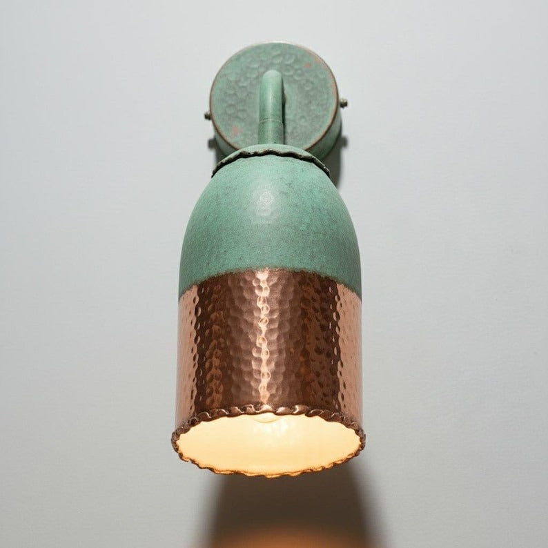 Handmade Moroccan Brass Wall Sconce – Green Verdigris Patina Bell Wall Light with Hammered Copper Brass Shade, Vintage Gooseneck Lamp for Bedroom, Hallway, Bathroom & Entryway