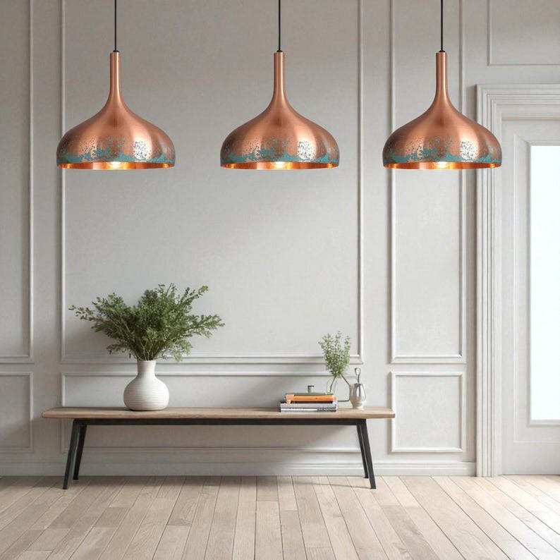 Moroccan Brass Copper and Turquoise Patina Bell Pendant Light, Handmade Brass Kitchen Island Hanging Lamp, Boho Rustic Dining Room Chandelier, Antique Copper Brass Ceiling Light Fixture