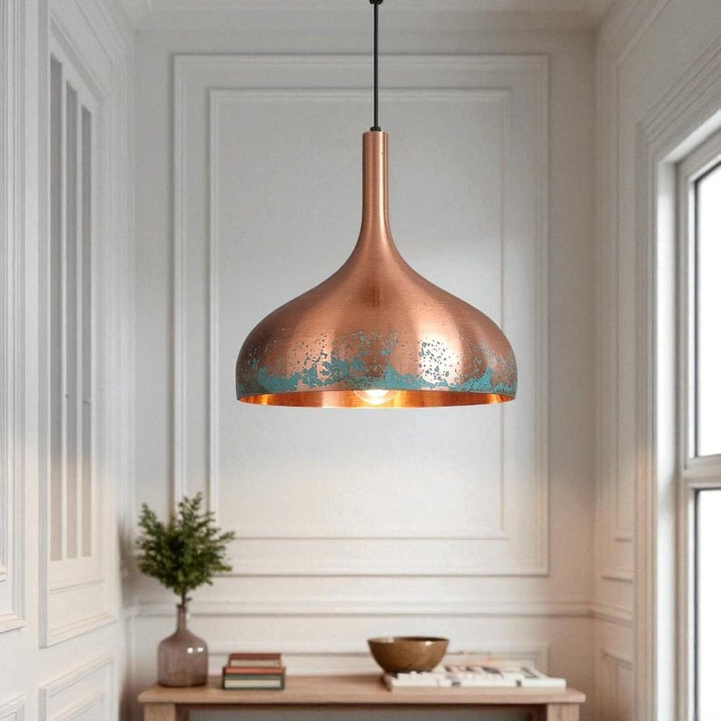 Moroccan Brass Copper and Turquoise Patina Bell Pendant Light, Handmade Brass Kitchen Island Hanging Lamp, Boho Rustic Dining Room Chandelier, Antique Copper Brass Ceiling Light Fixture