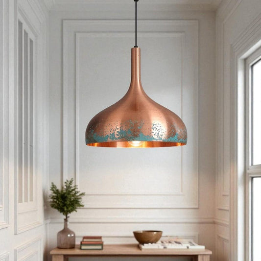 Moroccan Brass Copper and Turquoise Patina Bell Pendant Light, Handmade Brass Kitchen Island Hanging Lamp, Boho Rustic Dining Room Chandelier, Antique Copper Brass Ceiling Light Fixture