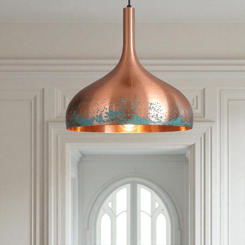 Moroccan Brass Copper and Turquoise Patina Bell Pendant Light, Handmade Brass Kitchen Island Hanging Lamp, Boho Rustic Dining Room Chandelier, Antique Copper Brass Ceiling Light Fixture