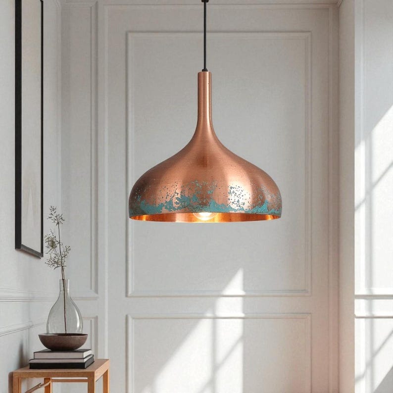 Moroccan Brass Copper and Turquoise Patina Bell Pendant Light, Handmade Brass Kitchen Island Hanging Lamp, Boho Rustic Dining Room Chandelier, Antique Copper Brass Ceiling Light Fixture