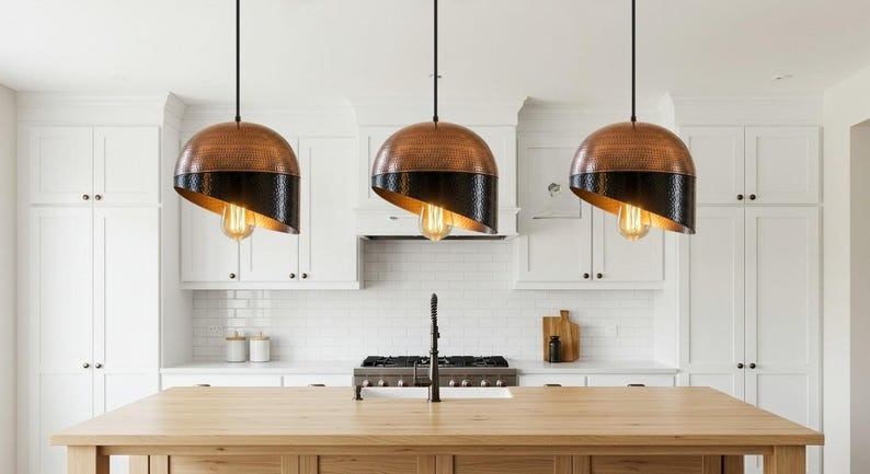 Handmade Moroccan Brass Pendant Light – Hammered Copper Dome Ceiling Lamp with Black Asymmetrical Shade, Exposed Bulb & Modern Sculptural Design