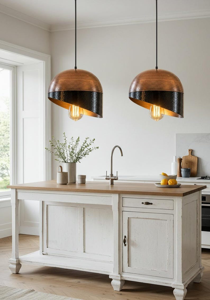 Handmade Moroccan Brass Pendant Light – Hammered Copper Dome Ceiling Lamp with Black Asymmetrical Shade, Exposed Bulb & Modern Sculptural Design