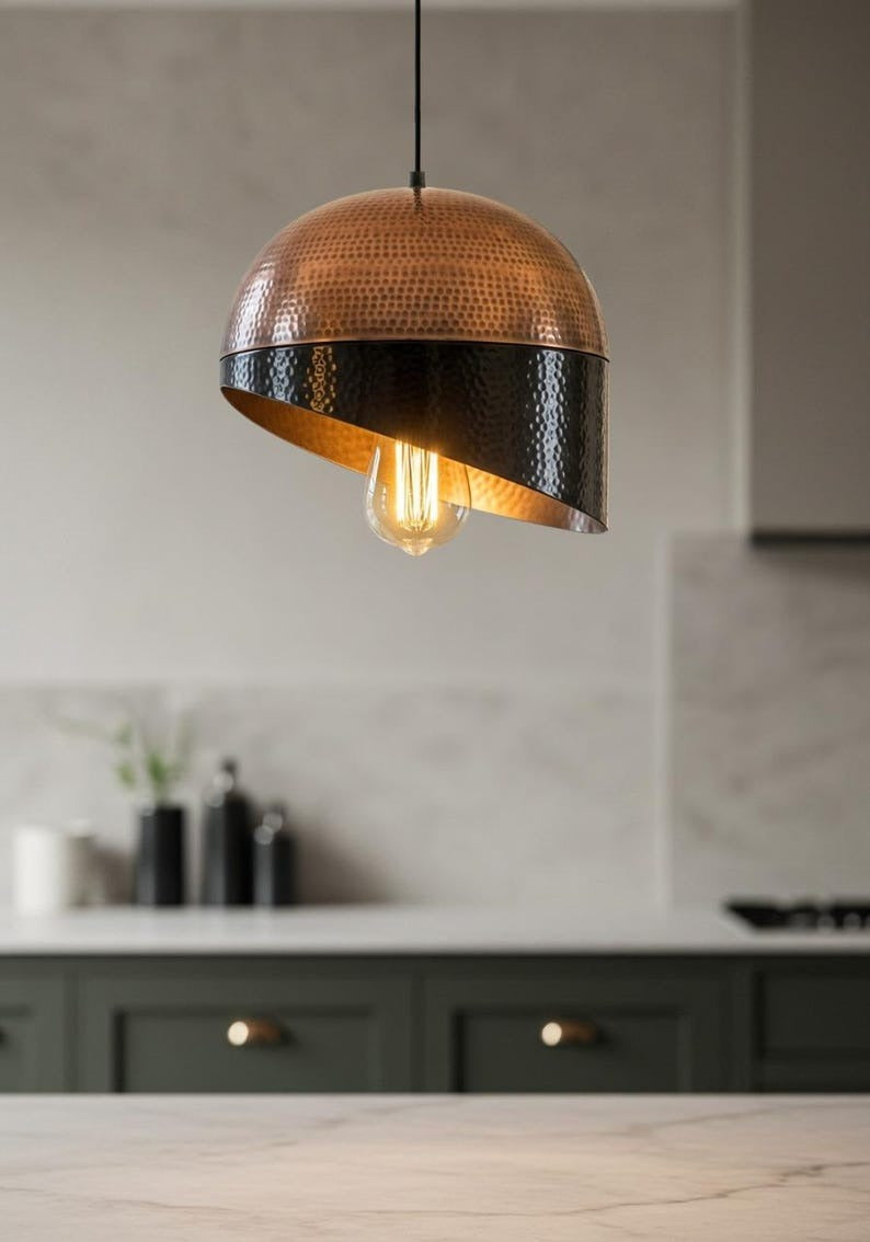 Handmade Moroccan Brass Pendant Light – Hammered Copper Dome Ceiling Lamp with Black Asymmetrical Shade, Exposed Bulb & Modern Sculptural Design