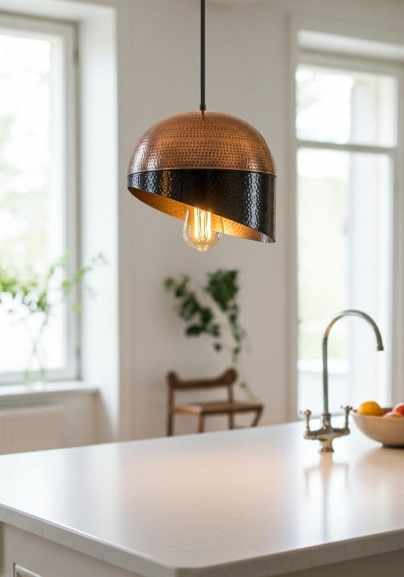 Handmade Moroccan Brass Pendant Light – Hammered Copper Dome Ceiling Lamp with Black Asymmetrical Shade, Exposed Bulb & Modern Sculptural Design