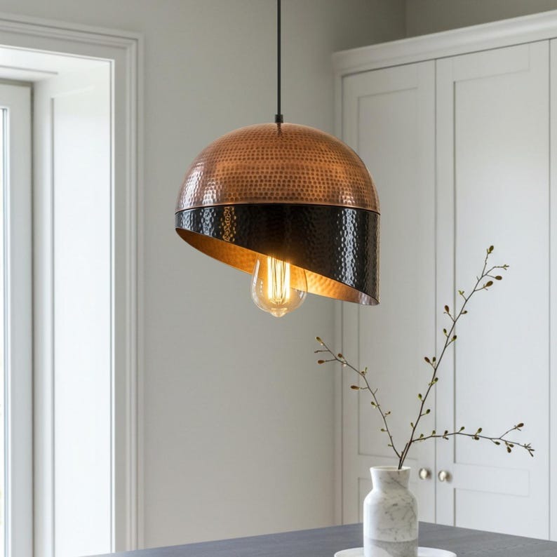Handmade Moroccan Brass Pendant Light – Hammered Copper Dome Ceiling Lamp with Black Asymmetrical Shade, Exposed Bulb & Modern Sculptural Design