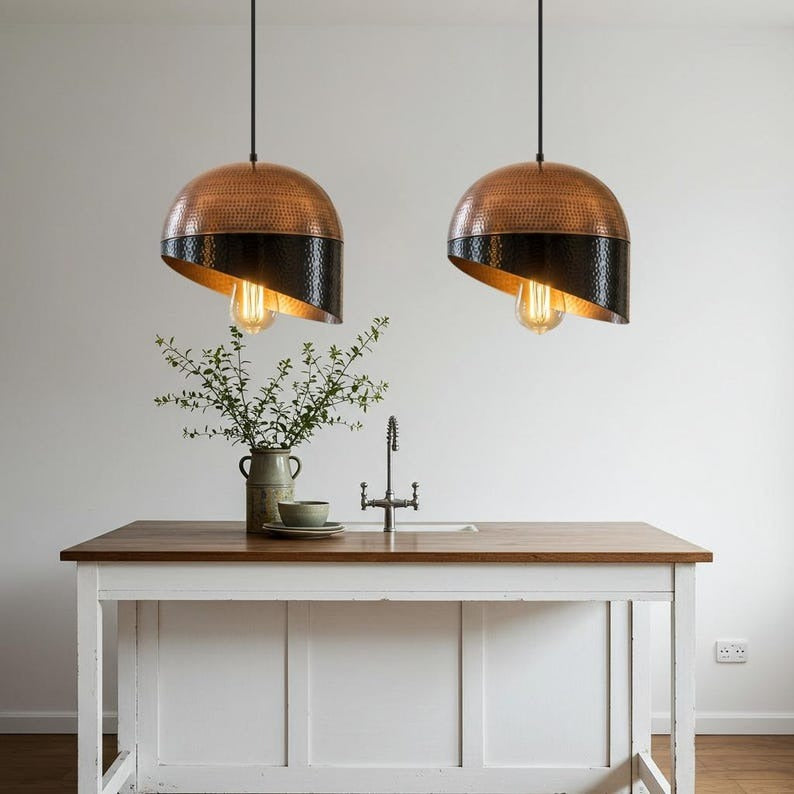 Handmade Moroccan Brass Pendant Light – Hammered Copper Dome Ceiling Lamp with Black Asymmetrical Shade, Exposed Bulb & Modern Sculptural Design