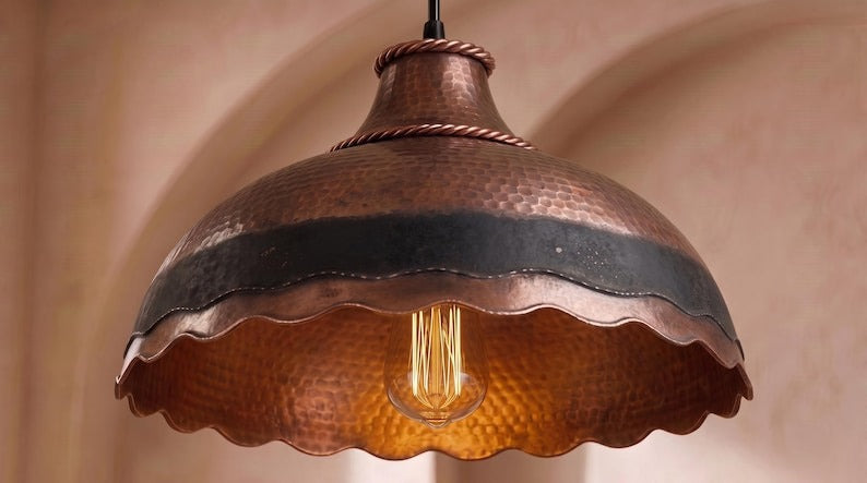 Handmade Moroccan Brass Pendant Light – Hammered Antique Copper Dome with Black Band, Scalloped Edge and Braided Rope Detail