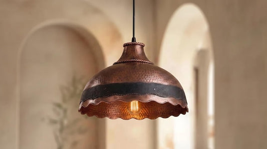 Handmade Moroccan Brass Pendant Light – Hammered Antique Copper Dome with Black Band, Scalloped Edge and Braided Rope Detail