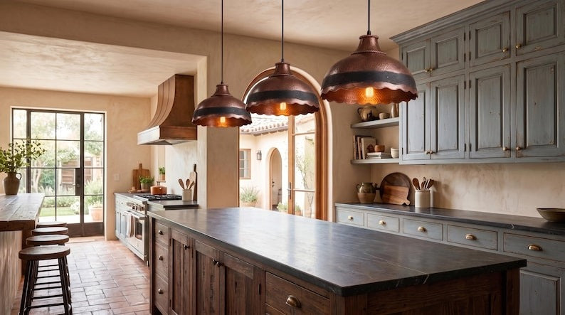 Handmade Moroccan Brass Pendant Light – Hammered Antique Copper Dome with Black Band, Scalloped Edge and Braided Rope Detail