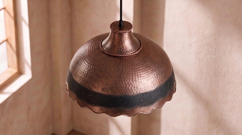 Handmade Moroccan Brass Pendant Light – Hammered Antique Copper Dome with Black Band, Scalloped Edge and Braided Rope Detail