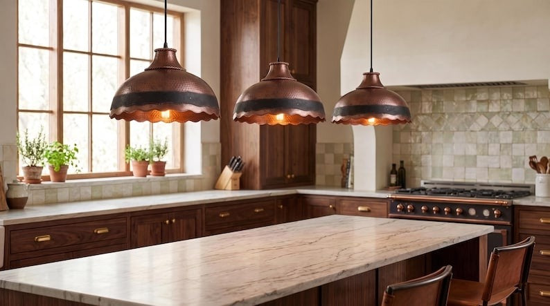 Handmade Moroccan Brass Pendant Light – Hammered Antique Copper Dome with Black Band, Scalloped Edge and Braided Rope Detail