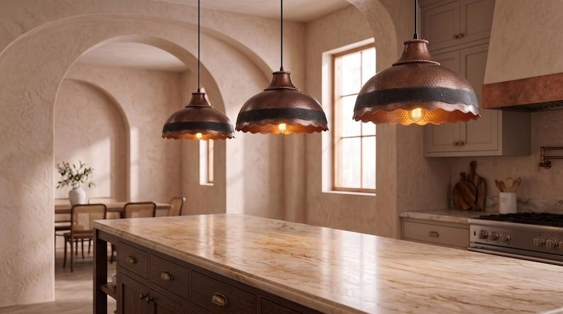 Handmade Moroccan Brass Pendant Light – Hammered Antique Copper Dome with Black Band, Scalloped Edge and Braided Rope Detail