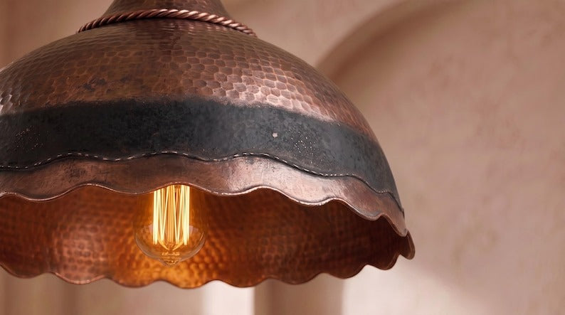 Handmade Moroccan Brass Pendant Light – Hammered Antique Copper Dome with Black Band, Scalloped Edge and Braided Rope Detail