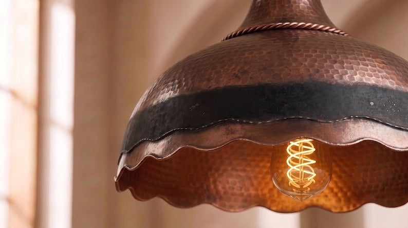 Handmade Moroccan Brass Pendant Light – Hammered Antique Copper Dome with Black Band, Scalloped Edge and Braided Rope Detail