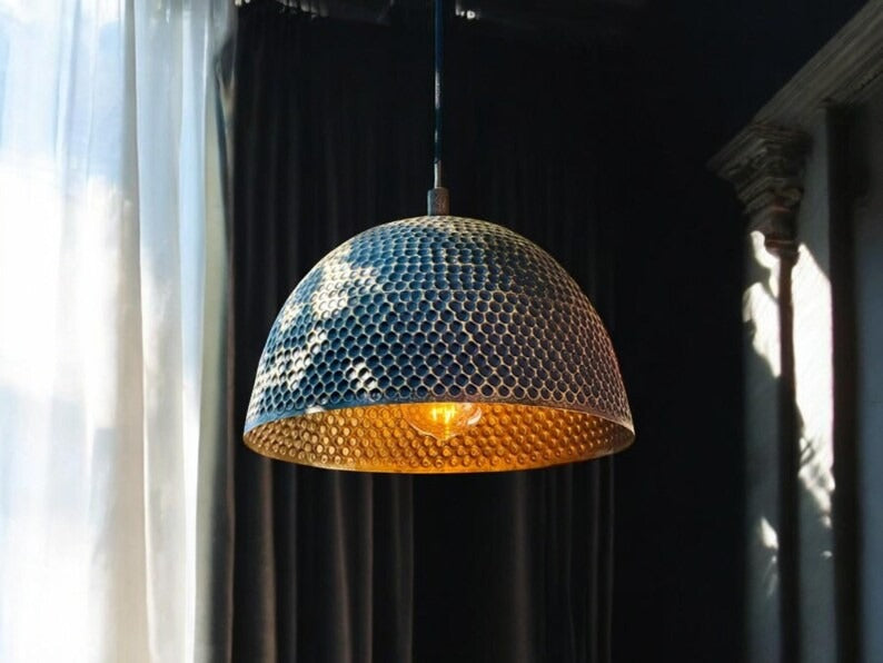Handmade Moroccan Brass Pendant Light – Hammered Black Dome Ceiling Lamp with Warm Gold Interior and Modern Artisan Design