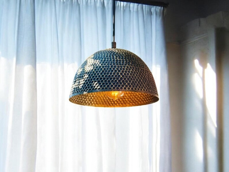 Handmade Moroccan Brass Pendant Light – Hammered Black Dome Ceiling Lamp with Warm Gold Interior and Modern Artisan Design