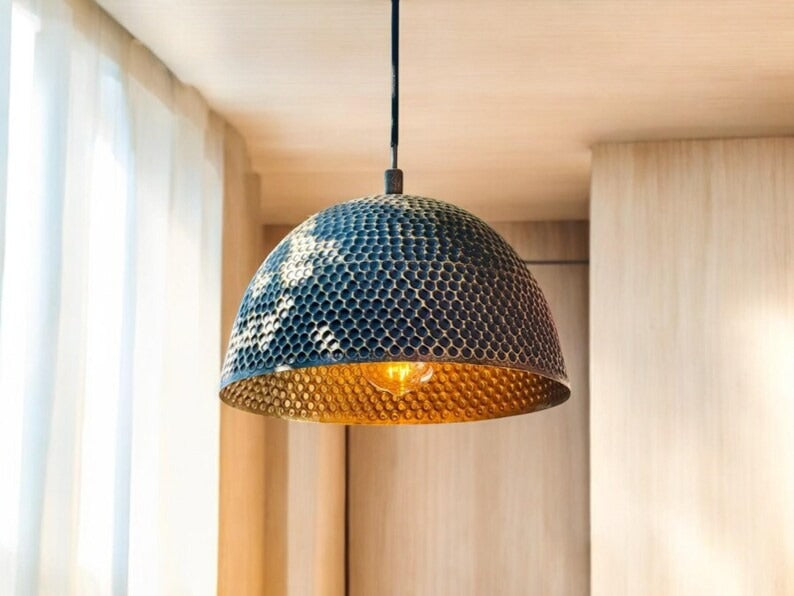 Handmade Moroccan Brass Pendant Light – Hammered Black Dome Ceiling Lamp with Warm Gold Interior and Modern Artisan Design
